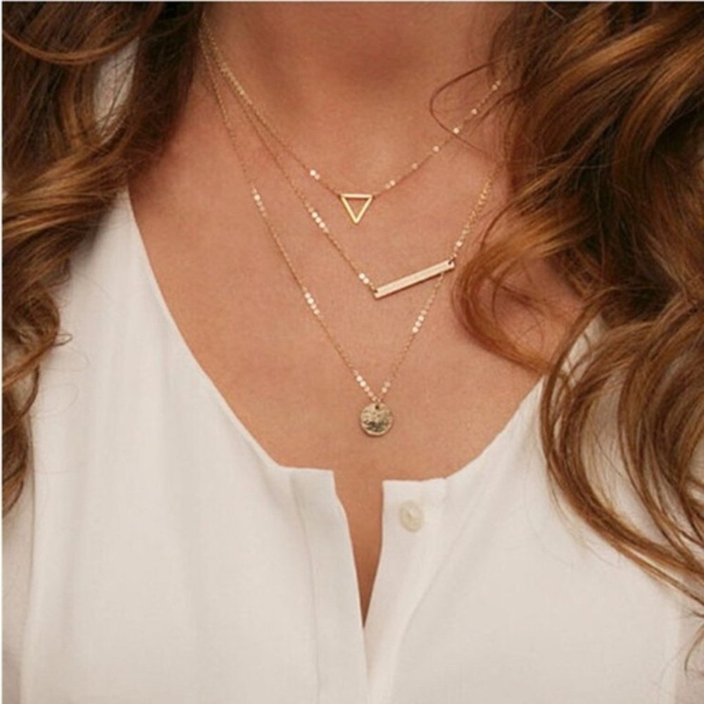 Geometric Boho Indie Layered Gold Necklace - Picture 2 of 2